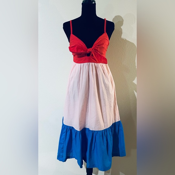 J. Crew Colorblock Tie Front Midi Dress in Red, Pink & Blue - Picture 4 of 10